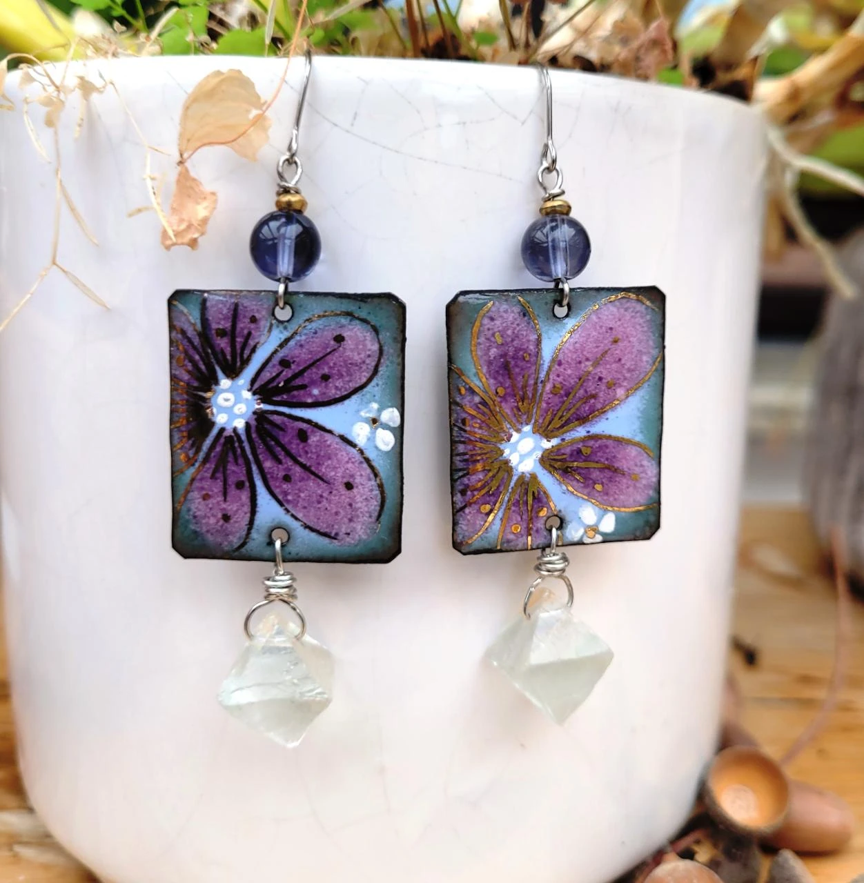 Natural earrings with handmade enamel flower charm, fluorite octahedron – photo 4